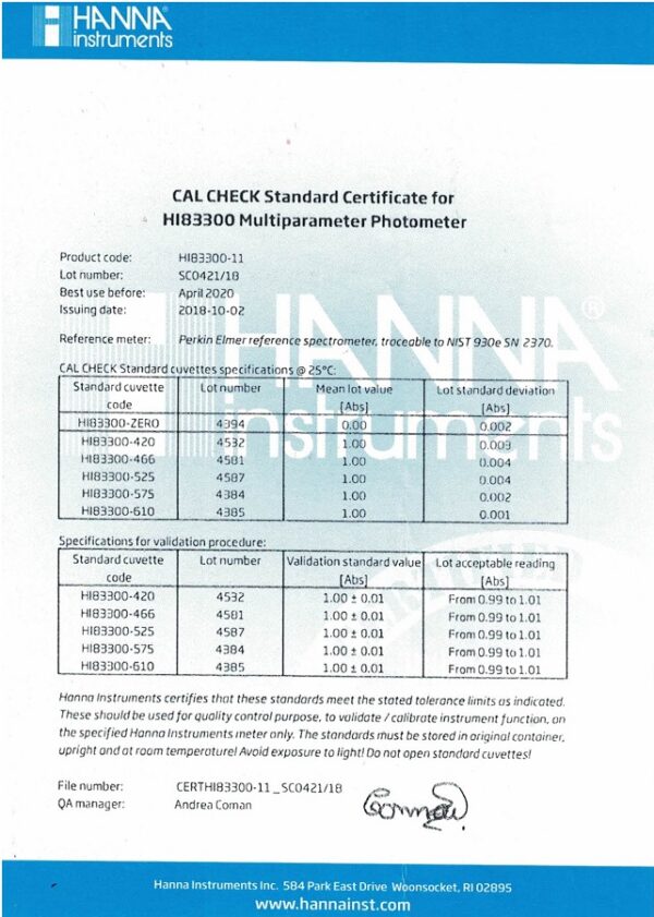 CAL Check™ Wavelength Standard Solution for Calibrating the HI83300 Meter