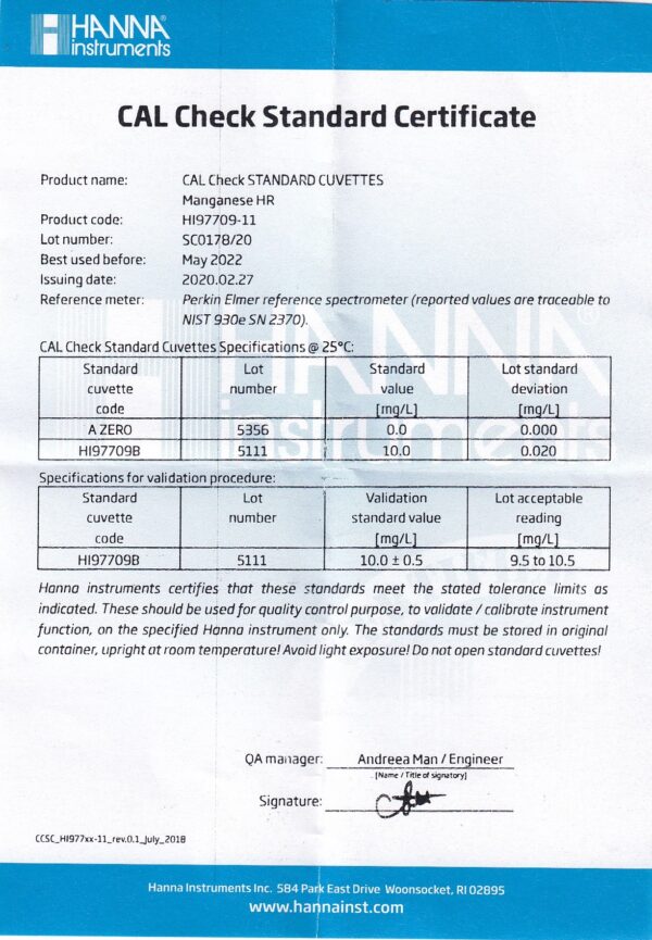 Dung Dịch CAL Check™ Chuẩn Mangan HR Dùng Cho Máy Đo Quang