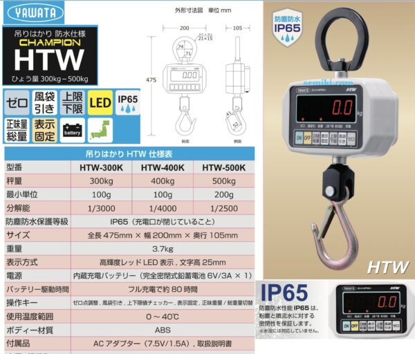 YAWATA SCALE HTW Series cân treo điện tử chống nước 300kg/400kg/500kg - 画像 (2)